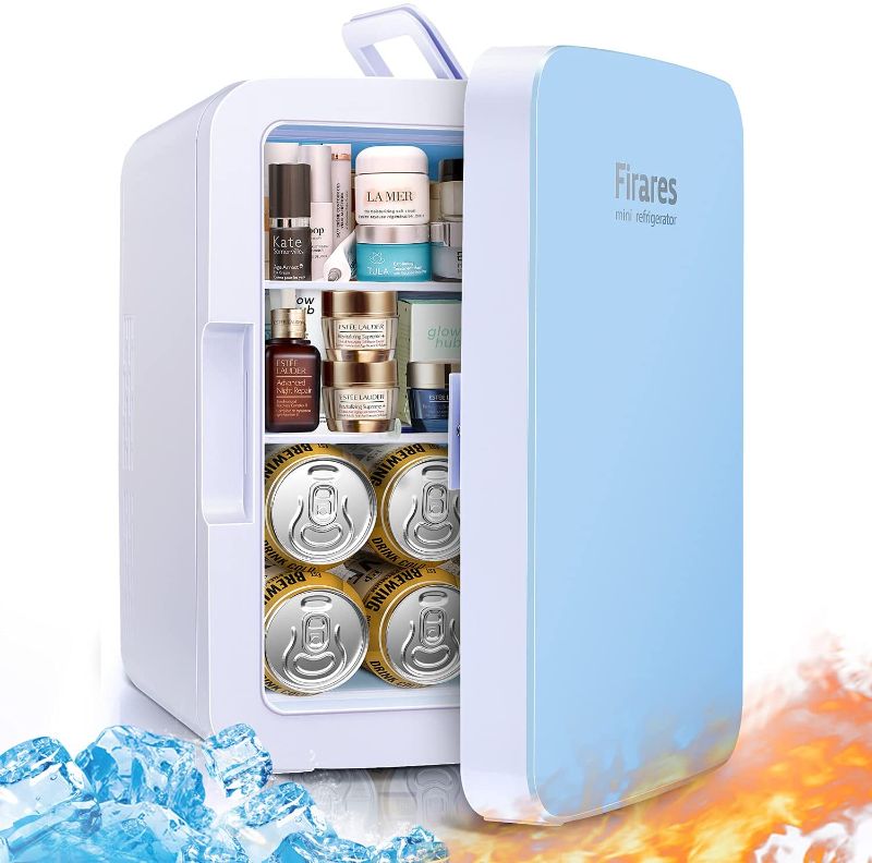 Photo 1 of Firares Rapid Cooling 10 Liter/12 Can Mini Fridge for Bedroom, Protable Skincare Fridge for Makeup, Foods, Medications, Breast Milk, Mini Refrigerator for Office and Car Cooler and Warmer (Blue)
