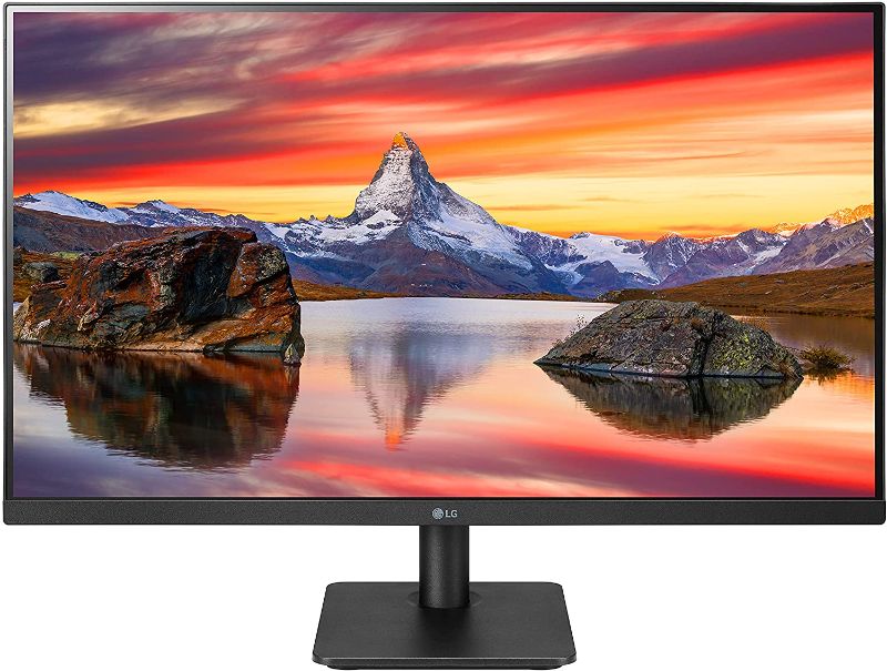 Photo 1 of LG 27MP400-B 27” Full HD (1920 x 1080) IPS Display with 3-Side Virtually Borderless Design, AMD FreeSync and OnScreen Control – Black 
unable to test - missing power adapter - corner is damaged
