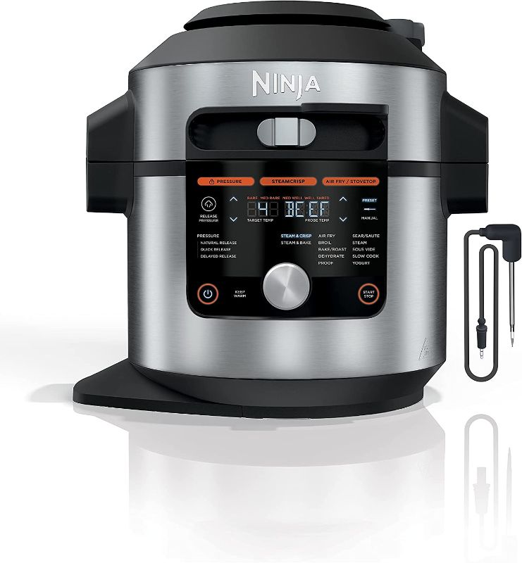 Photo 1 of Ninja OL701 Foodi SMART XL 8 Qt. Pressure Cooker Steam Fryer with SmartLid & Thermometer + Auto-Steam Release, 14-in-1 that Air Fries, Bakes & More, 3-Layer Capacity, 5 Qt. Crisp Basket, Silver/Black
