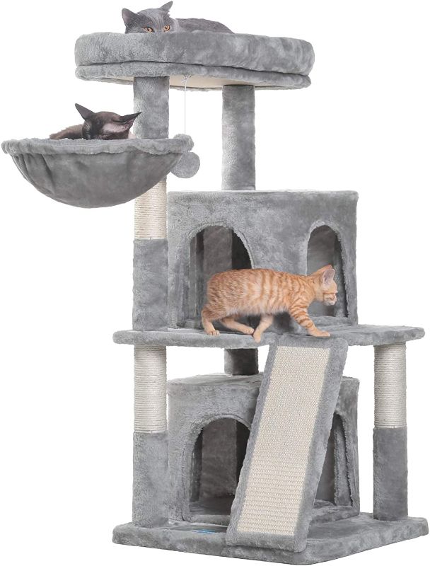 Photo 1 of Hey-brother 41.34 inches Cat Tree with Scratching Board, 2 Luxury Condos, Cat Tower with Padded Plush Perch and Cozy Basket
