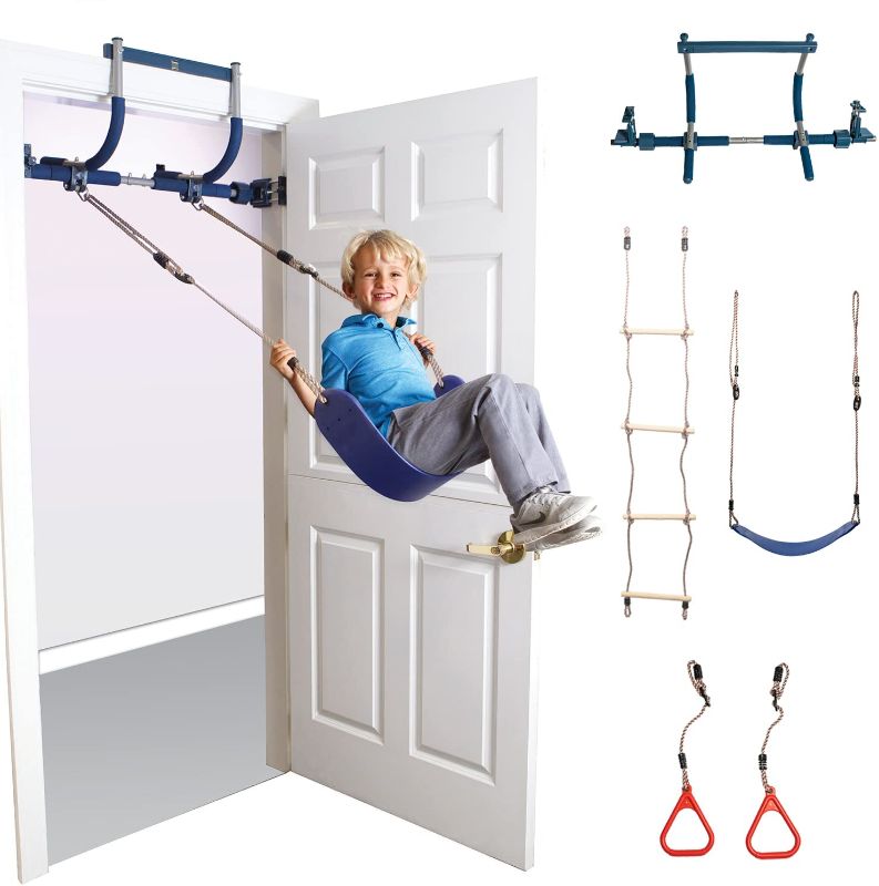 Photo 1 of Gym1 - Deluxe Indoor Doorway Gym for Kids Playground Set - All in One Gym Set - Four Ways of Fun: Blue Indoor Swing, Plastic Rings, Climbing Ladder, and Pull Up Bar
