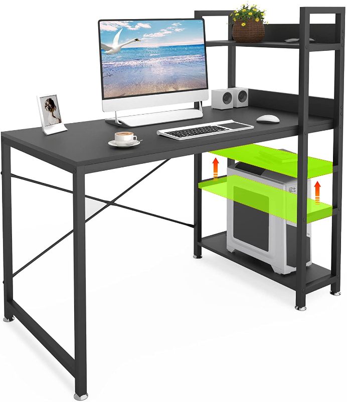 Photo 1 of JSungo Computer Desk with 4 Tiers Shelves, 47 Inch Sturdy Table with Reversible Bookshelf for Home Office, Study Tower Desk for Small Space, Industrial Modern Style, Black
