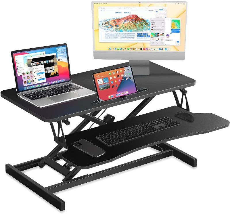 Photo 1 of ENTNO System X Standing Desk Converter Computer Workstation for Home Office Fits Dual Monitors Sit to Stand Desk Height Adjustable Gas Spring Desk Riser with Keyboard Tray Black Pro
