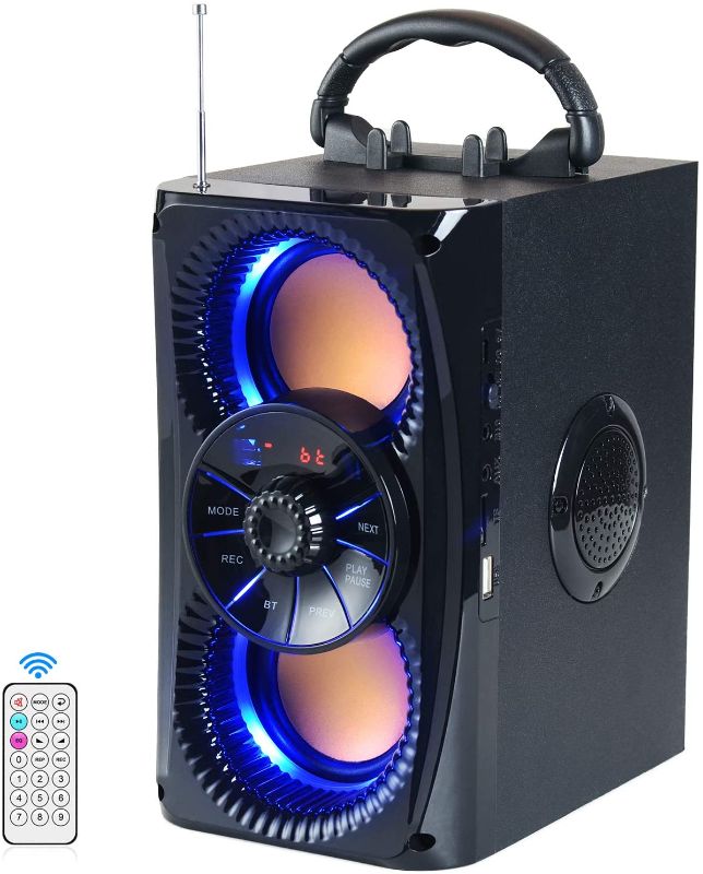 Photo 1 of Bluetooth Speaker, Portable Wireless Speakers with Lights, 2 Double Subwoofer Heavy Bass, 2 Loud Speaker, FM Radio, SD Player, Remote, Suitable for Travel, Indoor and Outdoor
