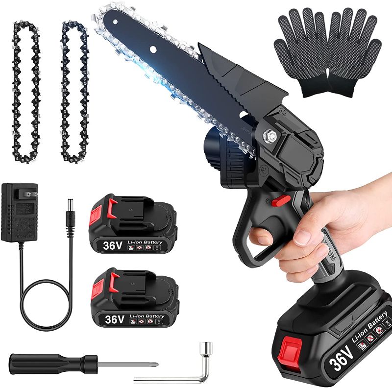 Photo 1 of 6-Inch Mini Chainsaw with Safety Lock LED light 36V Lithium Battery Cordless Electric Chainsaw Lightweight 2 Batteries and Chains Pruning Shears Chain Saw