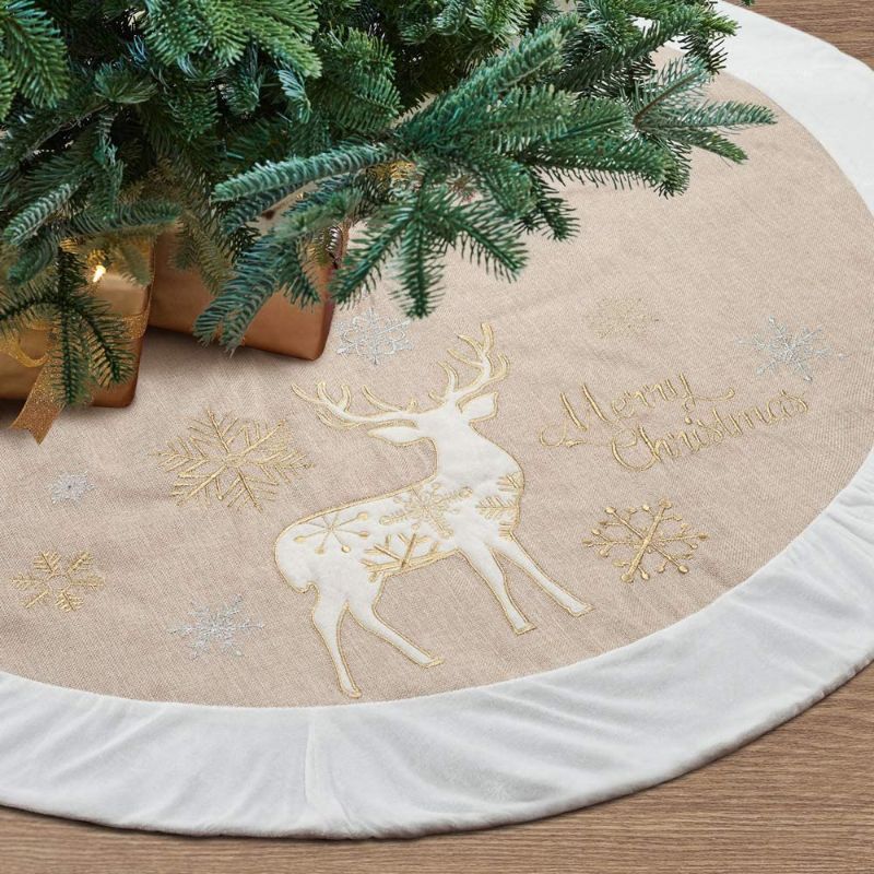 Photo 1 of 
S-DEAL Christmas Tree Skirt Burlap Embroidery Reindeer Tree Skirt with White Border for Xmas Party Holiday Decorations