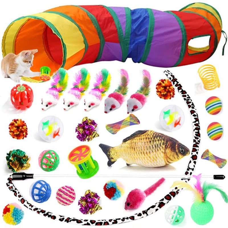 Photo 1 of Cat Toys Assorted, 32 Pcs Cat Toys Kitten Toy with Cat Tunnel Interactive Cat Feather Toy Catnip Fish Fluffy Mouse Balls and Bells Toy for Cat Puppy Kitty Kitten
