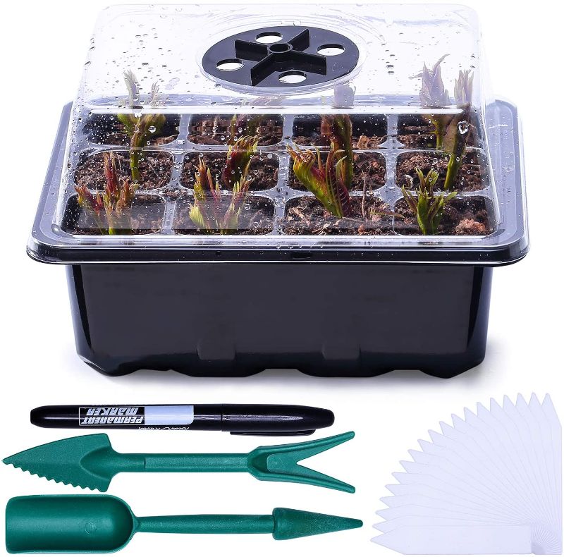 Photo 1 of 12 Cells Seed Starter Tray with Dome and Base, FANGHZHIDI 10 Pack 120 Cell Reusable Seedling Starting Trays with Humidity Adjustment Kit and Drain Hole for Planting, Seeds Germination Growing - Black
