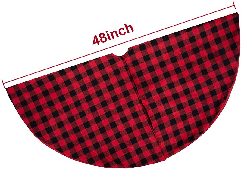 Photo 3 of 48 Inch Large Buffalo Red Plaid Christmas Tree Skirt - Black and Red Checked Christmas Tree Skirts Double Layer Tree Skirt for Holiday Party Mat Decorations