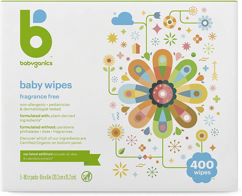 Photo 1 of Baby Wipes, Babyganics Unscented Diaper Wipes , 400 Count, (5 Packs of 80), Non-Allergenic and formulated with Plant Derived Ingredients
