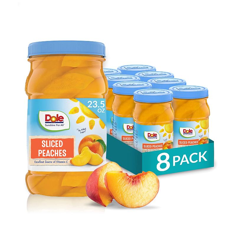 Photo 1 of Dole Yellow Cling Sliced Peaches in 100% Fruit Juice, 23.5 Oz Resealable Jars, 8 Count
