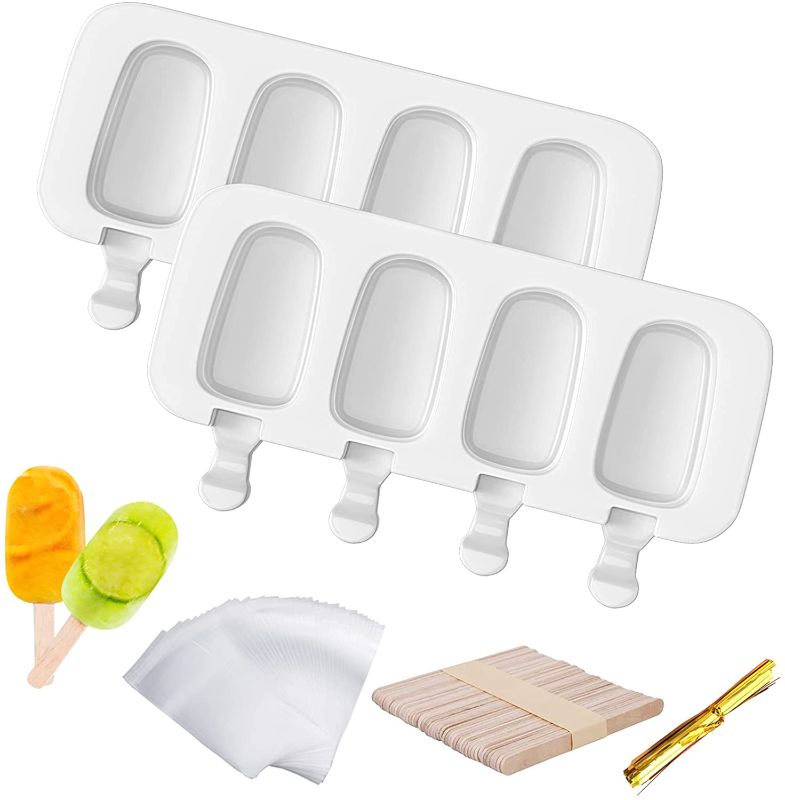 Photo 1 of Acerich Popsicle Molds, 2 Pack Ice Pop Molds Silicone 4 Cavities Cake Pop Mold Oval with 60 Wooden Sticks & 60 Parcel Bags & 60 Sealing Lines for DIY Ice Cream 2 Pack