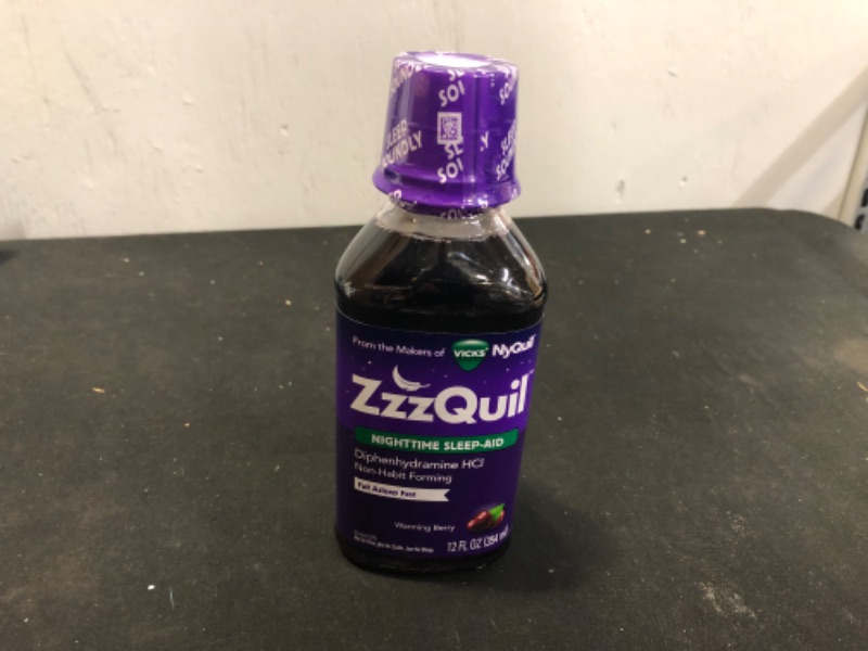 Photo 2 of ZzzQuil, Nighttime Sleep Aid Liquid, 50 mg Diphenhydramine HCl, No.1 Sleep-Aid Brand, Warming Berry Flavor, Non-Habit Forming, 12 FL OZ
