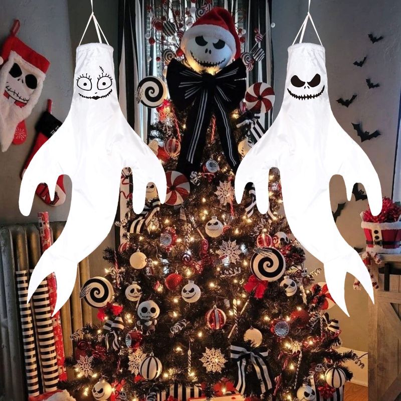 Photo 1 of flinelife Jack Skellington Christmas Decorations, 43 Inches, Jack and Sally Party Decorations, Double Sided, 2 Pieces, Wind Socks for Home Yard Outdoor Decor Party Supplies 2PK
