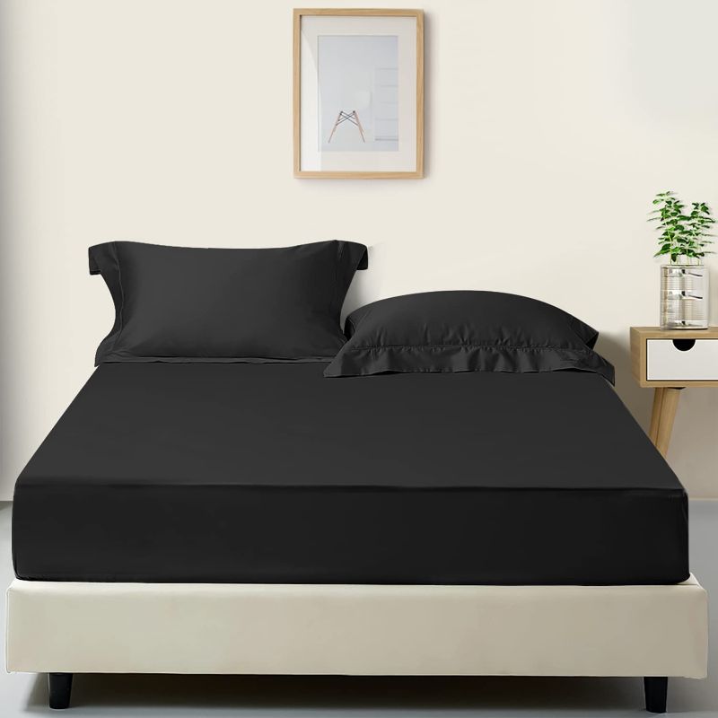 Photo 1 of APMIEK Queen Size Fitted Sheet Only - Single Fitted Deep Pocket Sheet -Soft Microfiber for Mattress Up to 16 inches Elastic All Around- 1 Fitted Bed Sheets (Black, Queen)