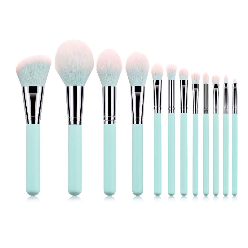 Photo 1 of Makeup Brushes, 12PCS Professional Makeup Brush Set, Face Foundation Eyeshadow Blending Brushes Kit, Wood Handle Synthetic Bristle With Makeup Brush Bag (Light Blue)