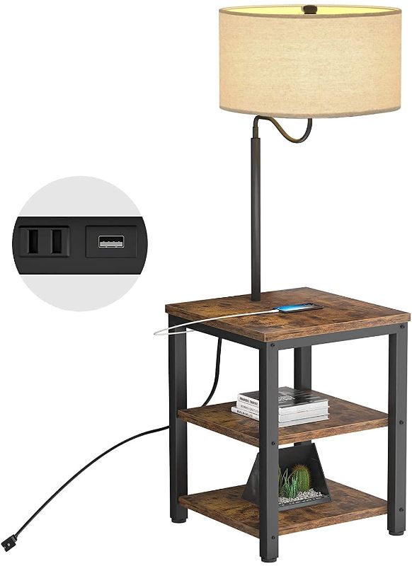 Photo 1 of AntLux LED Floor Lamp with End Table - USB Charging Port, Power Outlet, Bedside Table with Shelves, Rustic Night Stand with Industrial Floor Light for Living Room, Bedroom, Guest Room, Edison Bulb