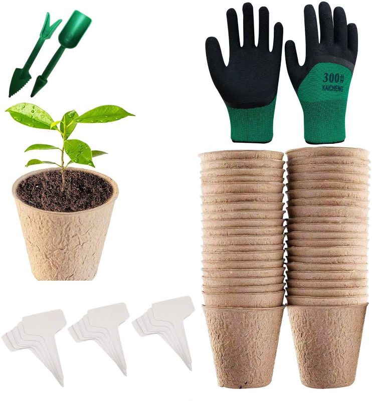 Photo 1 of 60 Packs 3 Inch Peat Pots, Seedling Starter Tray, Includes Gardening Gloves and kit, Biodegradable Herb Seed Starter Pots Kits? Garden Germination Nursery Pot (Including 15 Pcs Plant Labels)
