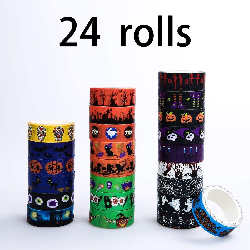 Photo 1 of Aneco 24 Rolls Halloween Washi Tapes Set Bat Pumpkin Skull Patterns Paper Masking Tape Halloween DIY Office Party Supplies
