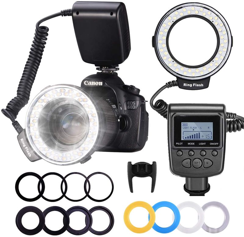 Photo 1 of 48 Macro LED Ring Flash Bundle with LCD Display Power Control, Adapter Rings and Flash Diffusers for Canon 650D,600D,550D,70D,60D,5D Nikon