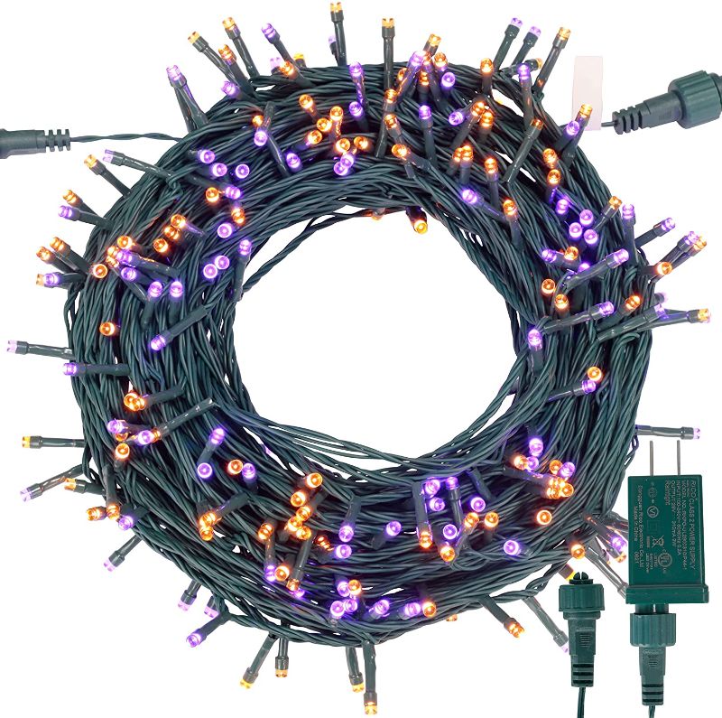 Photo 1 of 108.6 FT Christmas String Lights, 300 Counts of Orange & Purple LED Green Wire Mini Light Set with 8 Modes for Indoor and Outdoor Party, Home, and Garden Holiday Christmas Decoration
