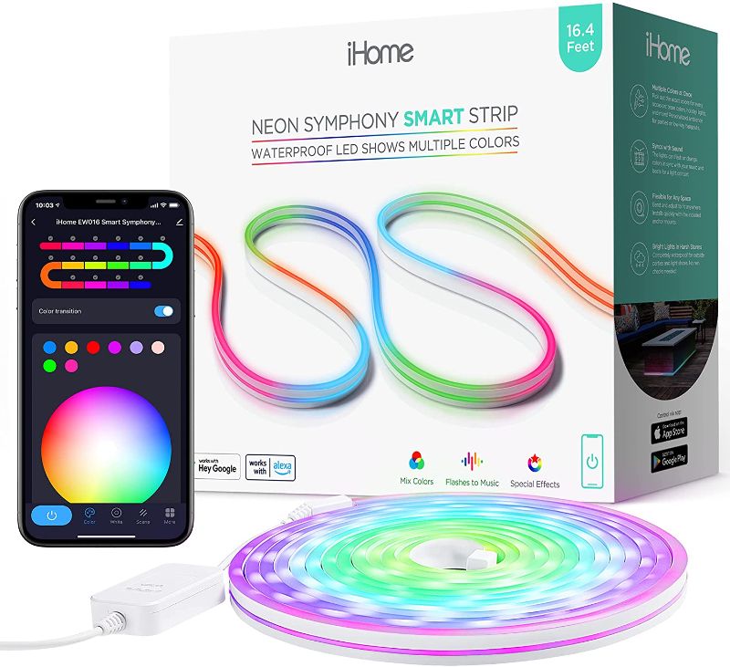 Photo 1 of iHome Neon Symphony Smart WiFi Rope Light, Silicone Multicolor RGBIC LED Color Changing Strip Lights with Music Sync, Compatible with Alexa and Google Home, IP65 Waterproof for Outdoor, 16.4ft
