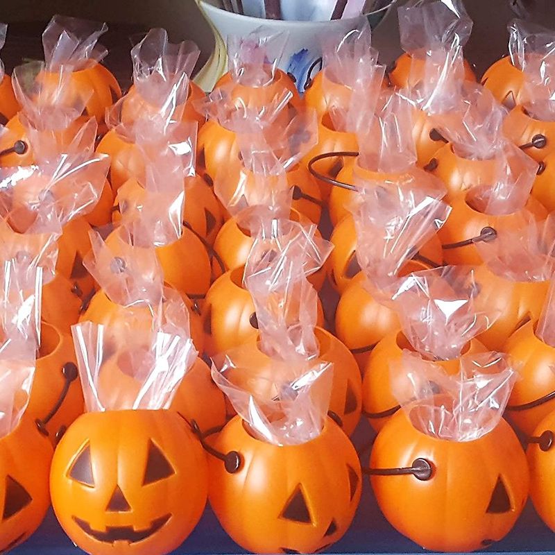 Photo 1 of 16 Mini Pumpkin Trick or Treat Buckets Bulk Halloween Candy Holders Container for Kids, Halloween Goodie Bags, by 4E's Novelty
