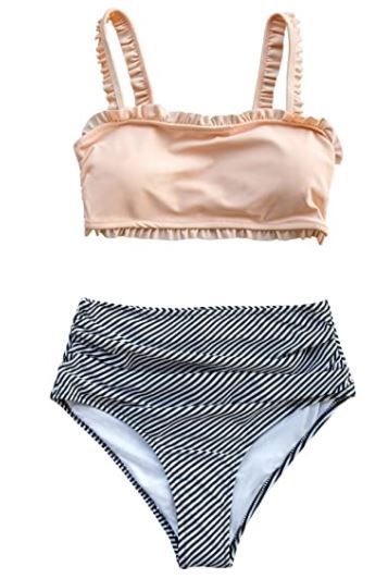 Photo 1 of CUPSHE Women's Ruffled Bandeau High Waisted Two Piece Bikini Set size extra small 
