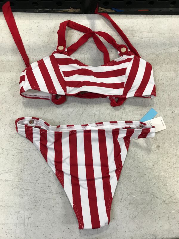 Photo 2 of CUPSHE Women's Stripe Buttoned Lace Up Back Two Piece Bikini Set size medium 
