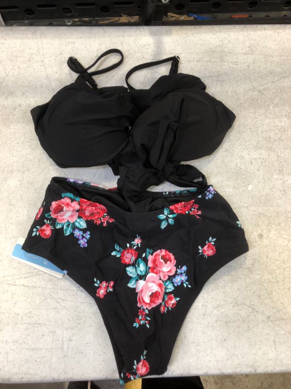 Photo 2 of Black And Floral Wrap Cutout One-piece Swimsuit size medium 
