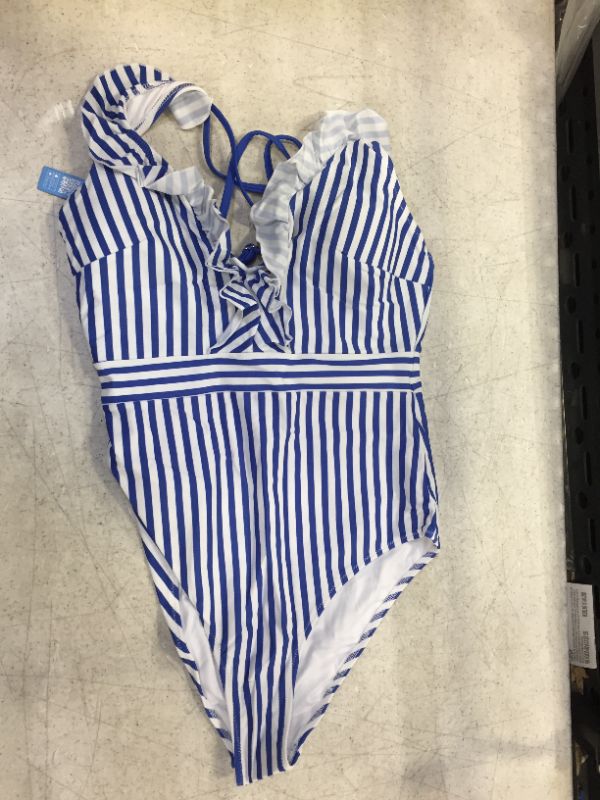 Photo 2 of blue and white stripe ruffle one piece swimsuit size medium 