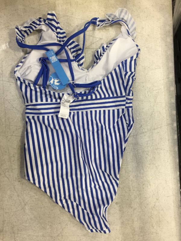 Photo 3 of blue and white stripe ruffle one piece swimsuit size medium 