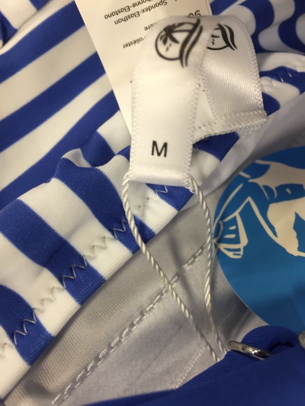 Photo 4 of blue and white stripe ruffle one piece swimsuit size medium 