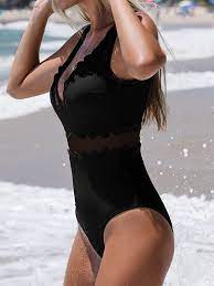 Photo 1 of CUPSHE Women's One Piece Swimsuit V Neck Scalloped Trim Contrast Mesh Wide Straps Low Back color black size extra small 