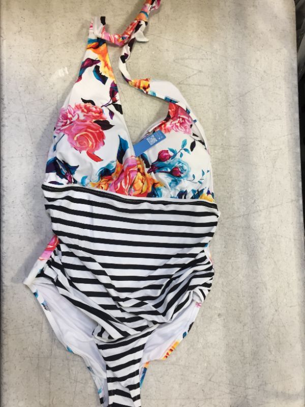 Photo 2 of Bold Floral And Stripe Plus Size Halter One Piece Swimsuit size 0x 