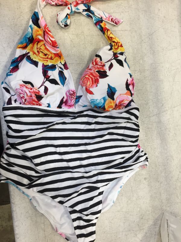 Photo 2 of Bold Floral And Stripe Plus Size Halter One Piece Swimsuit size 1x large 