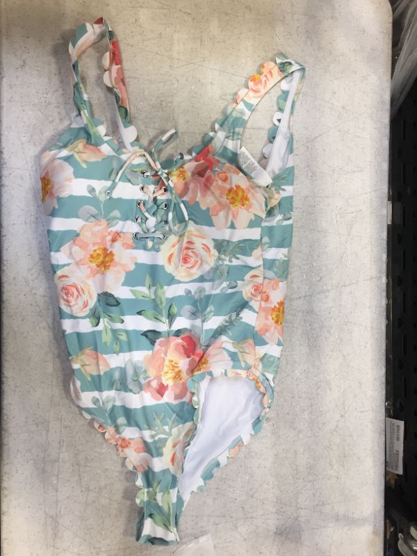 Photo 3 of Floral and Striped Scalloped One Piece Swimsuit size extra extra large 
