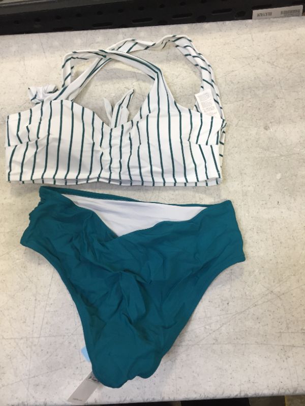 Photo 2 of CUPSHE Women's Teal Solid Striped Shirring High Waisted Bikini Sets size medium 