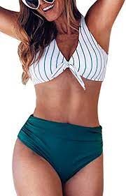 Photo 1 of CUPSHE Women's Teal Solid Striped Shirring High Waisted Bikini Sets size medium 