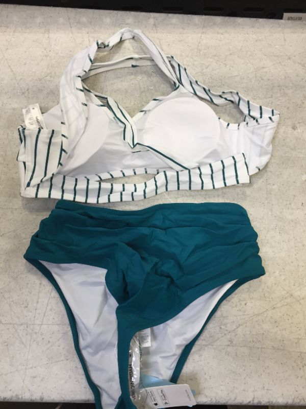 Photo 3 of CUPSHE Women's Teal Solid Striped Shirring High Waisted Bikini Sets size medium 