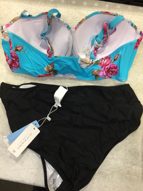 Photo 2 of Floral and Black Shirring High Waisted Plus Size Bikini size 1x 
