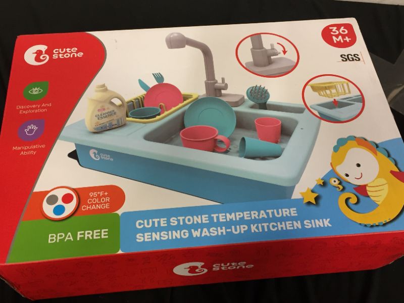 Photo 2 of CUTE STONE Color Changing Kitchen Sink Toys, Children Heat Sensitive Electric Dishwasher Playing Toy with Running Water, Automatic Water Cycle System Play House Pretend Role Play Toys for Boys Girls
