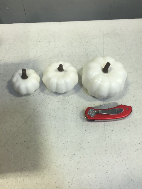 Photo 2 of 12 PC WHITE MINI PUMPKINS FOR DECORATION -- BOX CUTTER IS NOT INCLUDED, ONLY SHOWN TO SHOW SIZE OF MINI PUMPKINS 