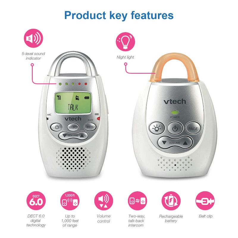 Photo 1 of VTech DM221 Audio Baby Monitor with up to 1,000 ft of Range, Vibrating Sound-Alert, Talk Back Intercom & Night Light Loop, White/Silver----UNABLE TO TEST 