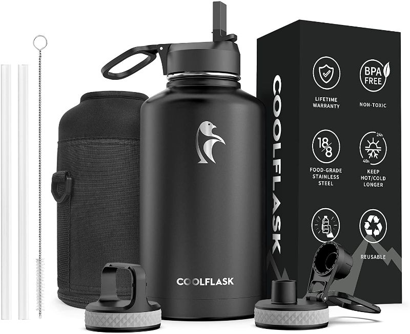 Photo 3 of 64 Water Bottle oz with Straw & Spout Lid, Coolflask Insulated Water Bottle Half Gallon Wide Mouth, Sweat-Proof BPA-Free Keep Cold for 48 Hrs or Hot for 24 Hrs, Christmas Gifts for Men and Women, Magic Black