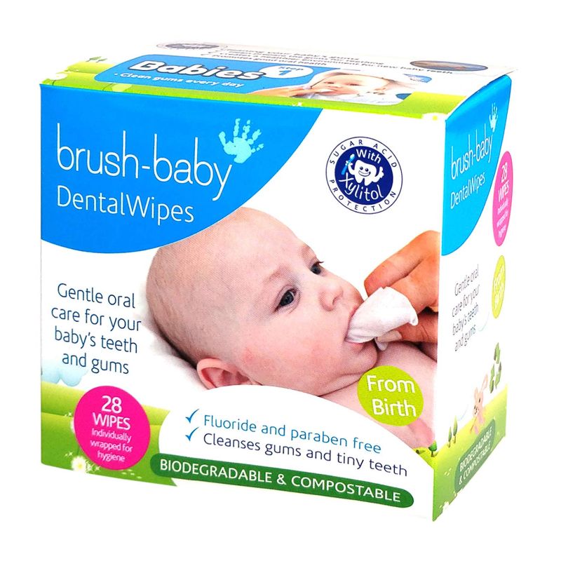 Photo 1 of Brush Baby Teething Relief Dental Wipes for Ages 0-Toddler - Naturally Eliminate Teething Pain, Prevent Tooth Decay and Sour Milk Breath - 28 Finger Wipes