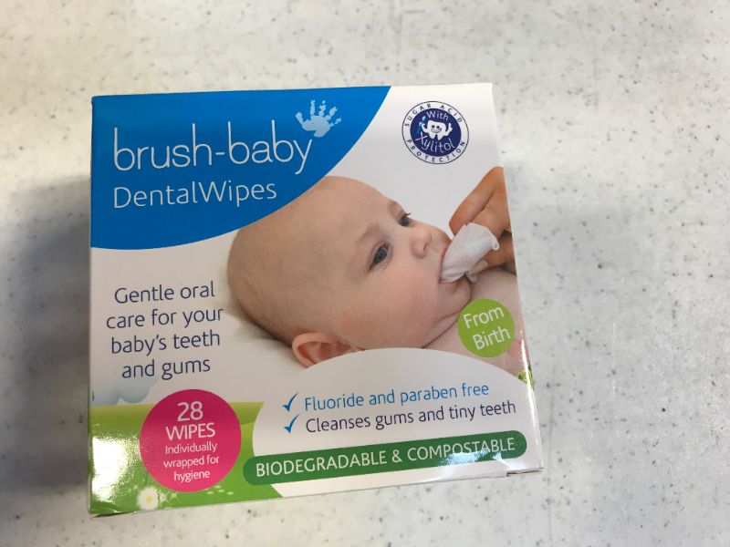 Photo 1 of Brush Baby Teething Relief Dental Wipes for Ages 0-Toddler - Naturally Eliminate Teething Pain, Prevent Tooth Decay and Sour Milk Breath - 28 Finger Wipes