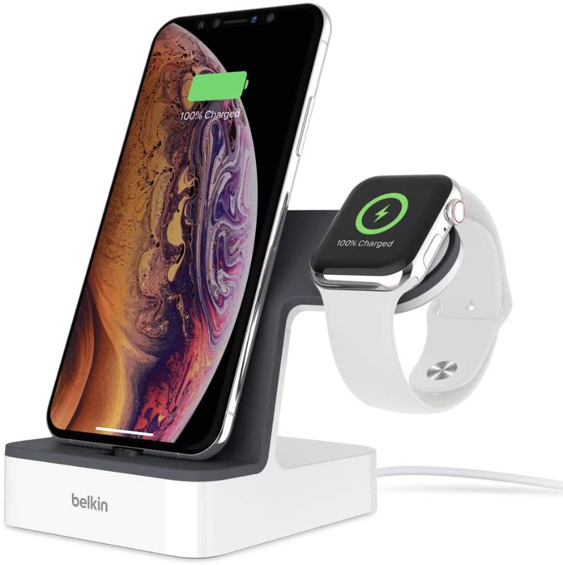 Photo 1 of Belkin F8J237ttWHT iPhone Charging Dock + Apple Watch Charging Stand (PowerHouse iPhone Charging Station) iPhone Dock, Apple Watch Dock, Apple Charging Station (White)