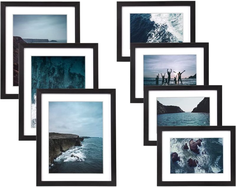 Photo 1 of ArtbyHannah 7 Pack Blue Ocean Gallery Wall Frame Set with Black Picture Frame Sets and Decorative Seascape Picture Frame Collage Set-Multi Size: 8x10,6x8 Inch