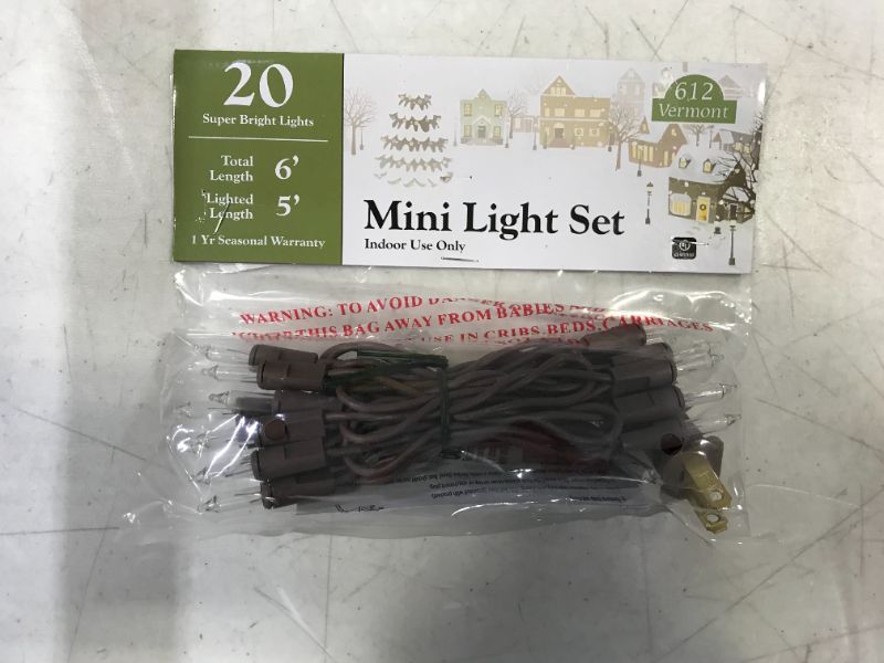 Photo 2 of 612 Vermont 20 Clear Mini Christmas String Lights on Brown Wire Cord, UL Approved for Indoor Use Only, 5 Foot of Lighted Length, 6 Foot of Total Length
